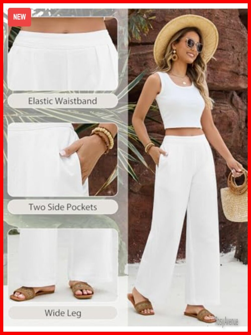 100% Cotton Wide Leg Palazzo Pants Elastic Waist Comfy Trousers - Picture 3 of 6